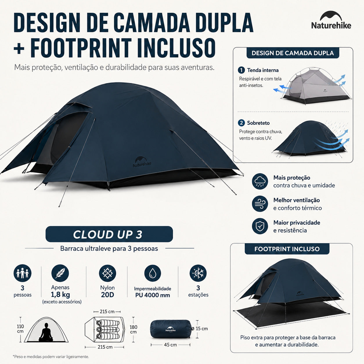 Barraca Naturehike 3 Pessoas para Camping Azul