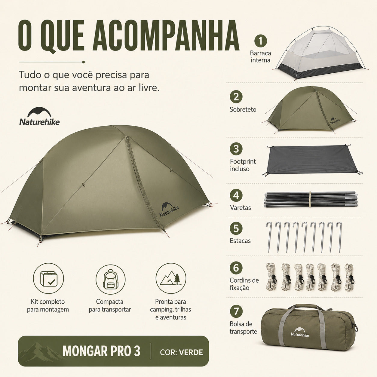 Barraca Naturehike 3 Pessoas Pro Espaçosa Mongar Verde