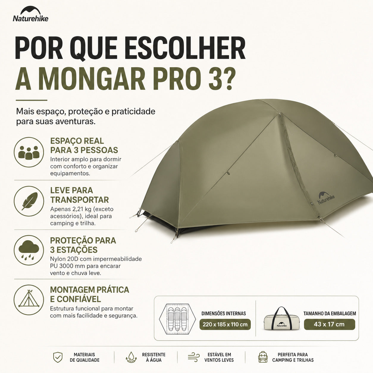 Barraca Naturehike 3 Pessoas Pro Espaçosa Mongar Verde