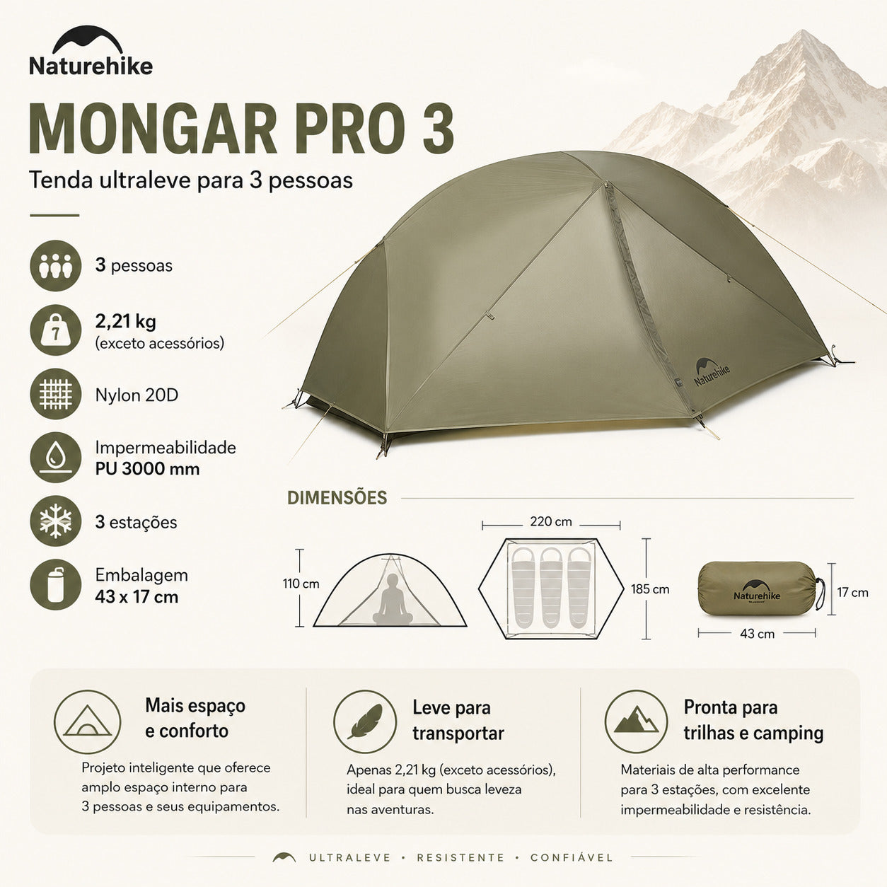 Barraca Naturehike 3 Pessoas Pro Espaçosa Mongar Verde