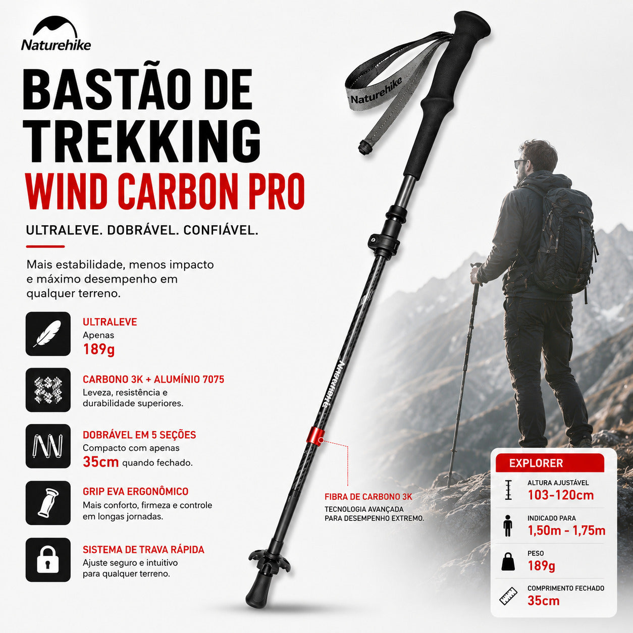 Bastão de Trekking NatureHike Wind Carbon