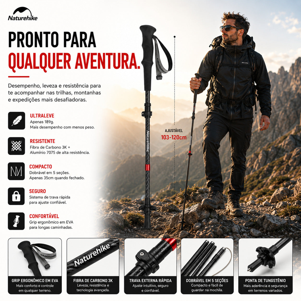 Bastão de Trekking NatureHike Wind Carbon