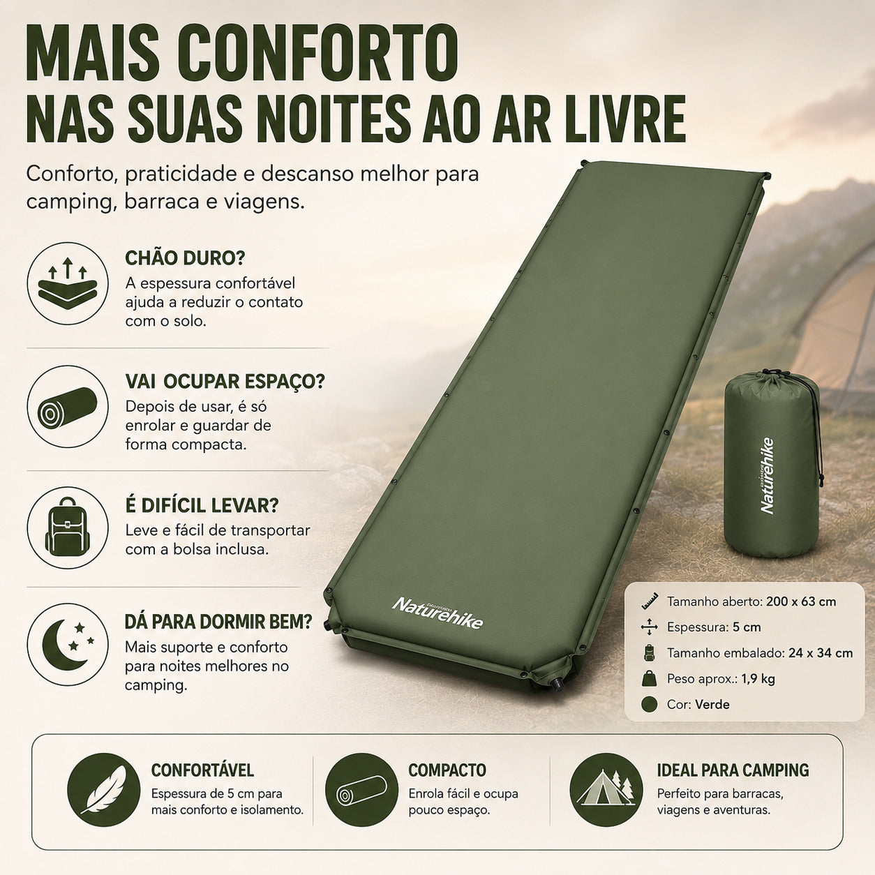 Colchão Inflável Naturehike Confort para Camping