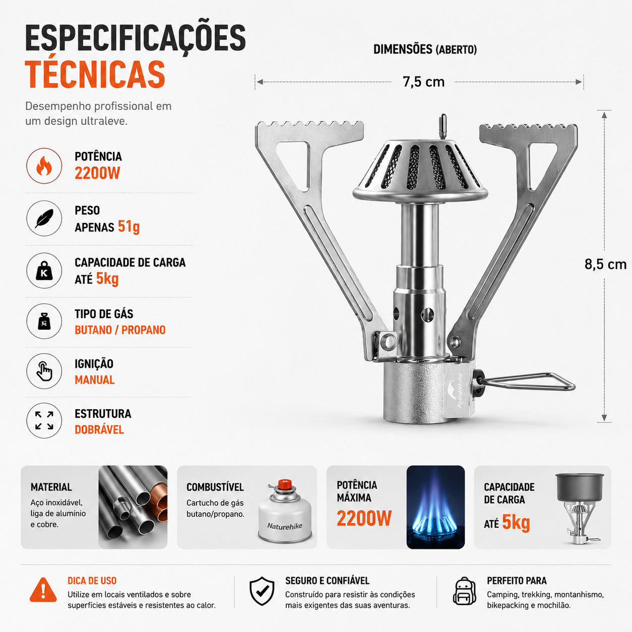 Fogareiro Portátil NatureHike 2200W Ultralight para Camping