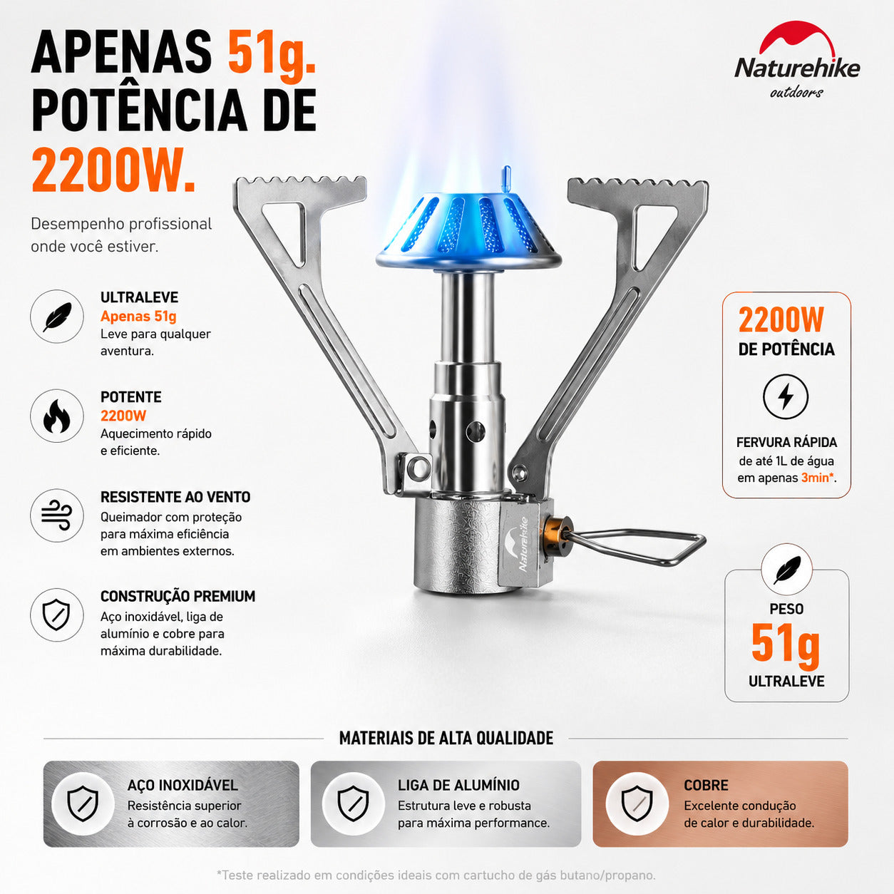 Fogareiro Portátil NatureHike 2200W Ultralight para Camping