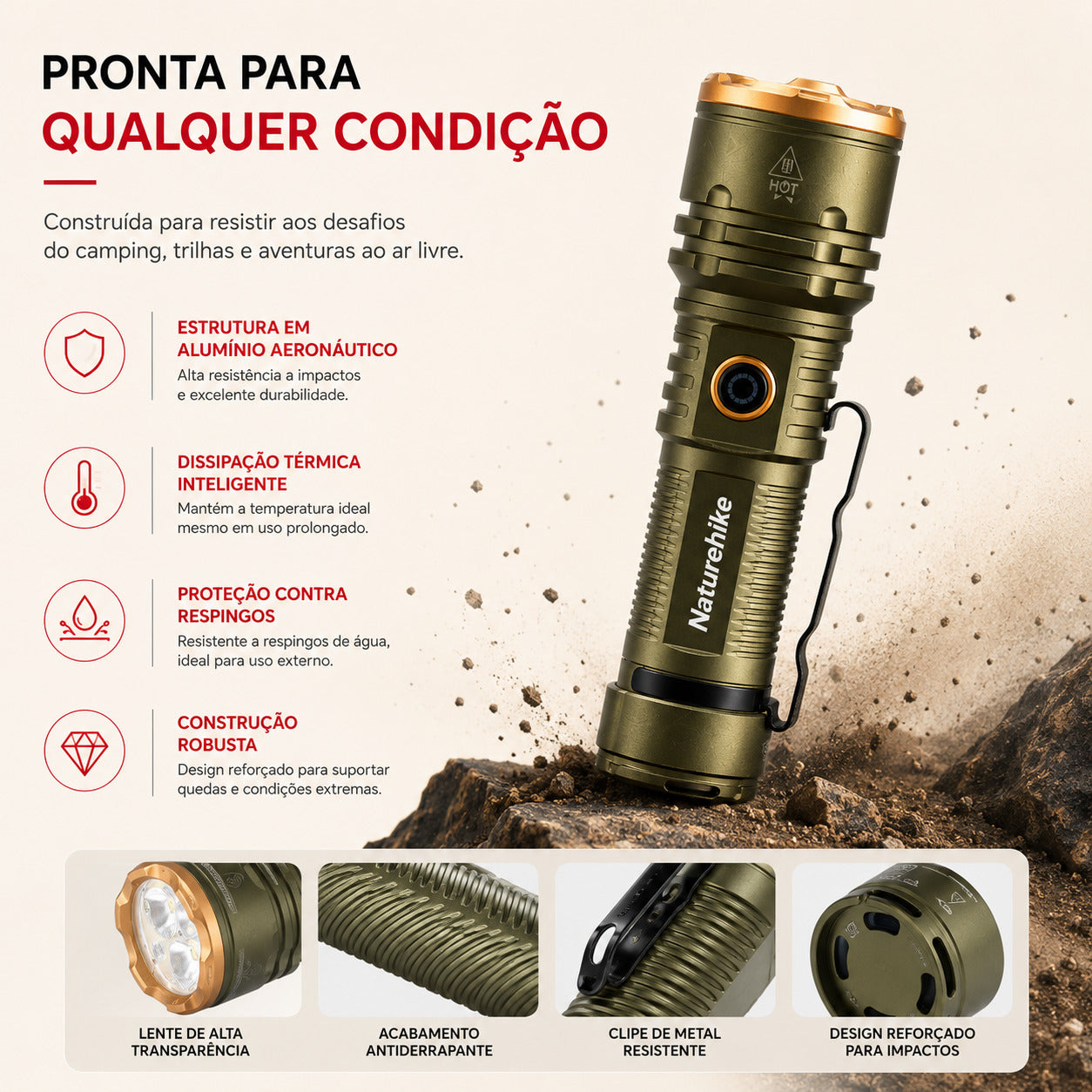 Lanterna NatureHike Ranger 2800LM USB-C IP44 para Camping