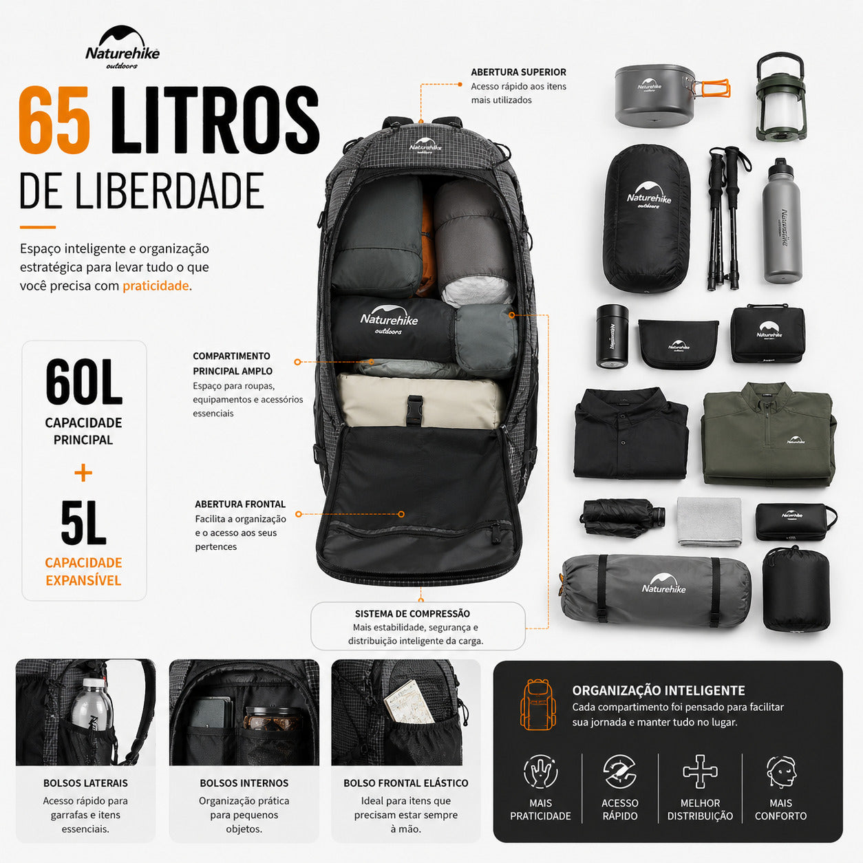 Mochila Cargueira 60L+5 Naturehike Ultraleve Impermeável