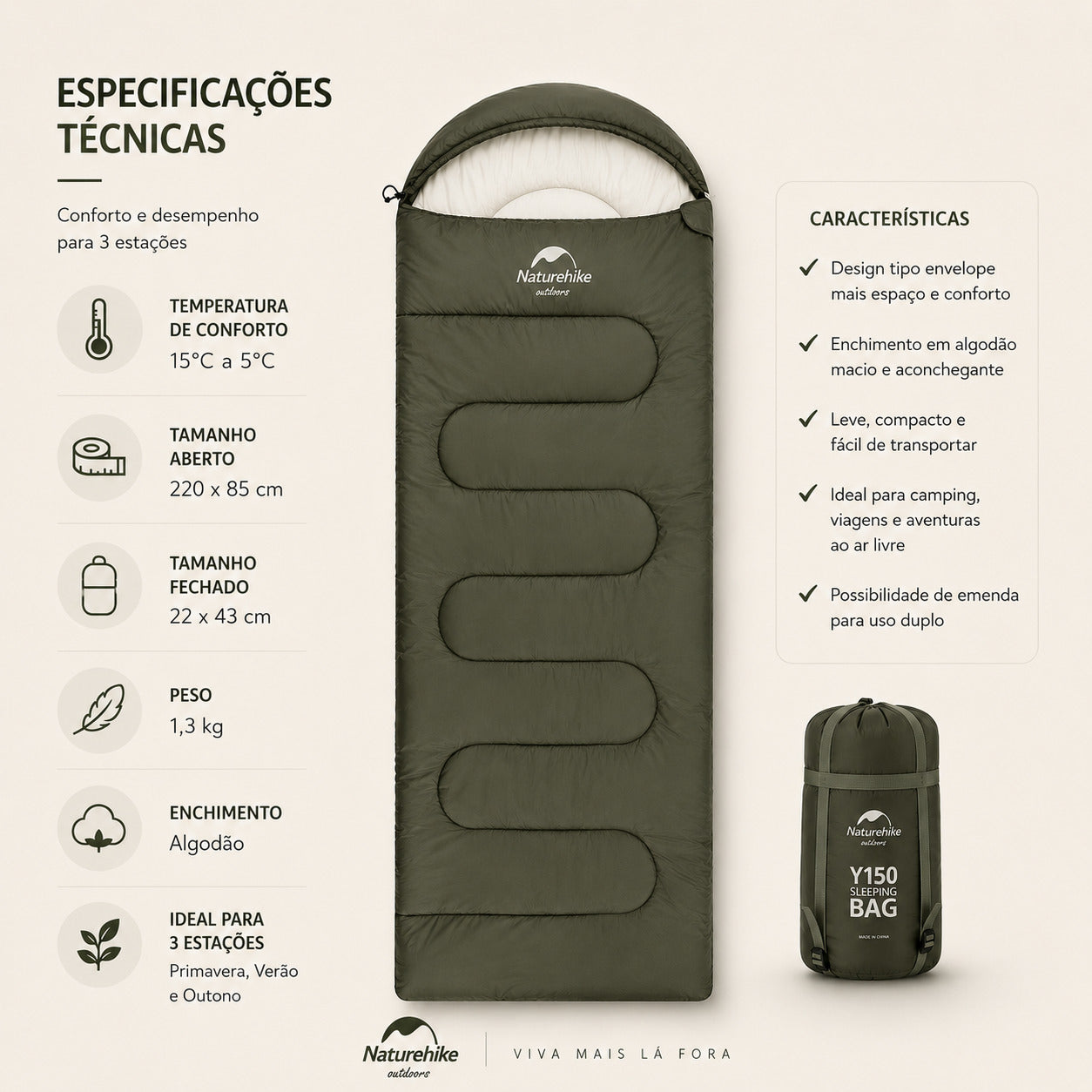 Saco de Dormir Naturehike Y150 para Camping