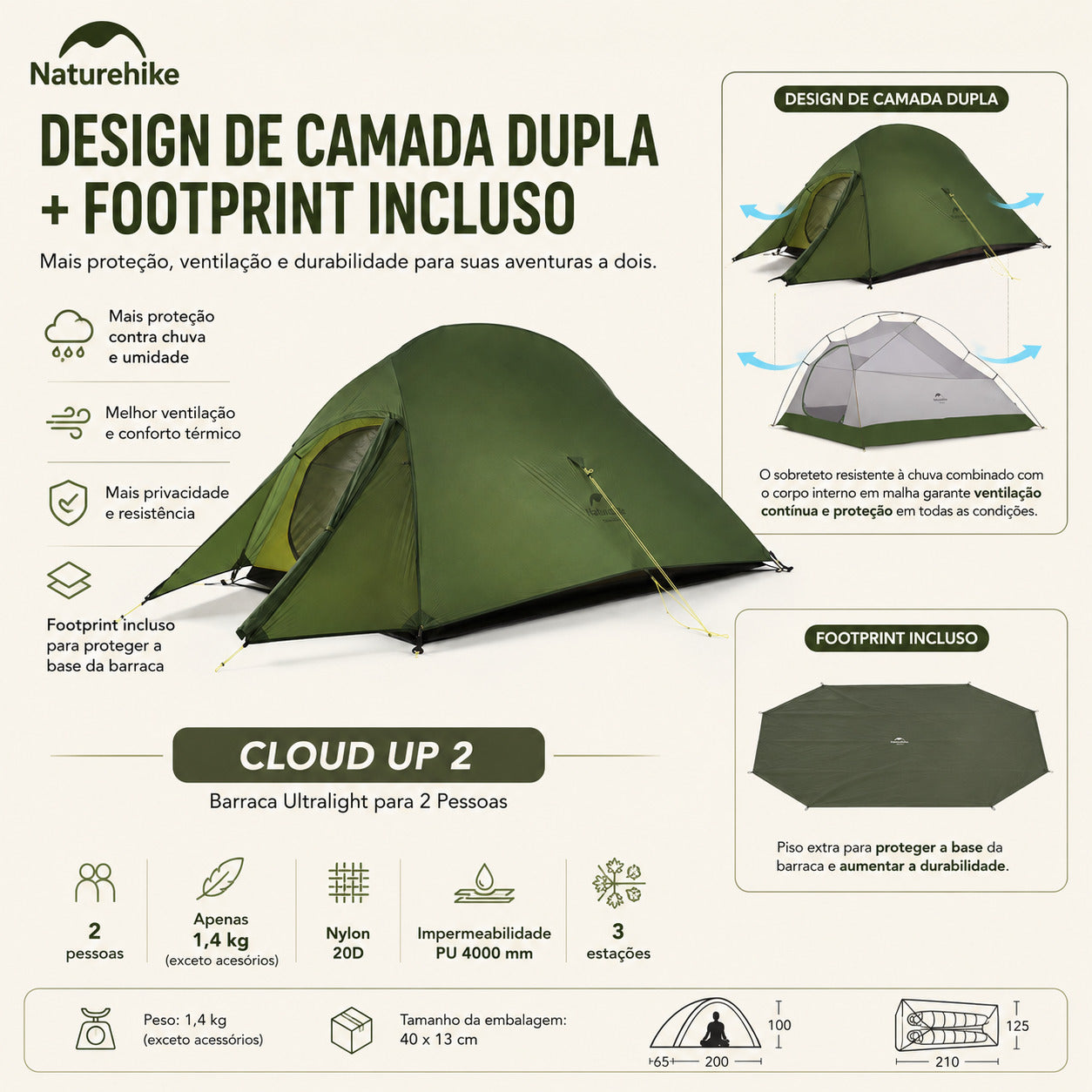 Barraca Naturehike 2 Pessoas Ultraleve Verde Militar