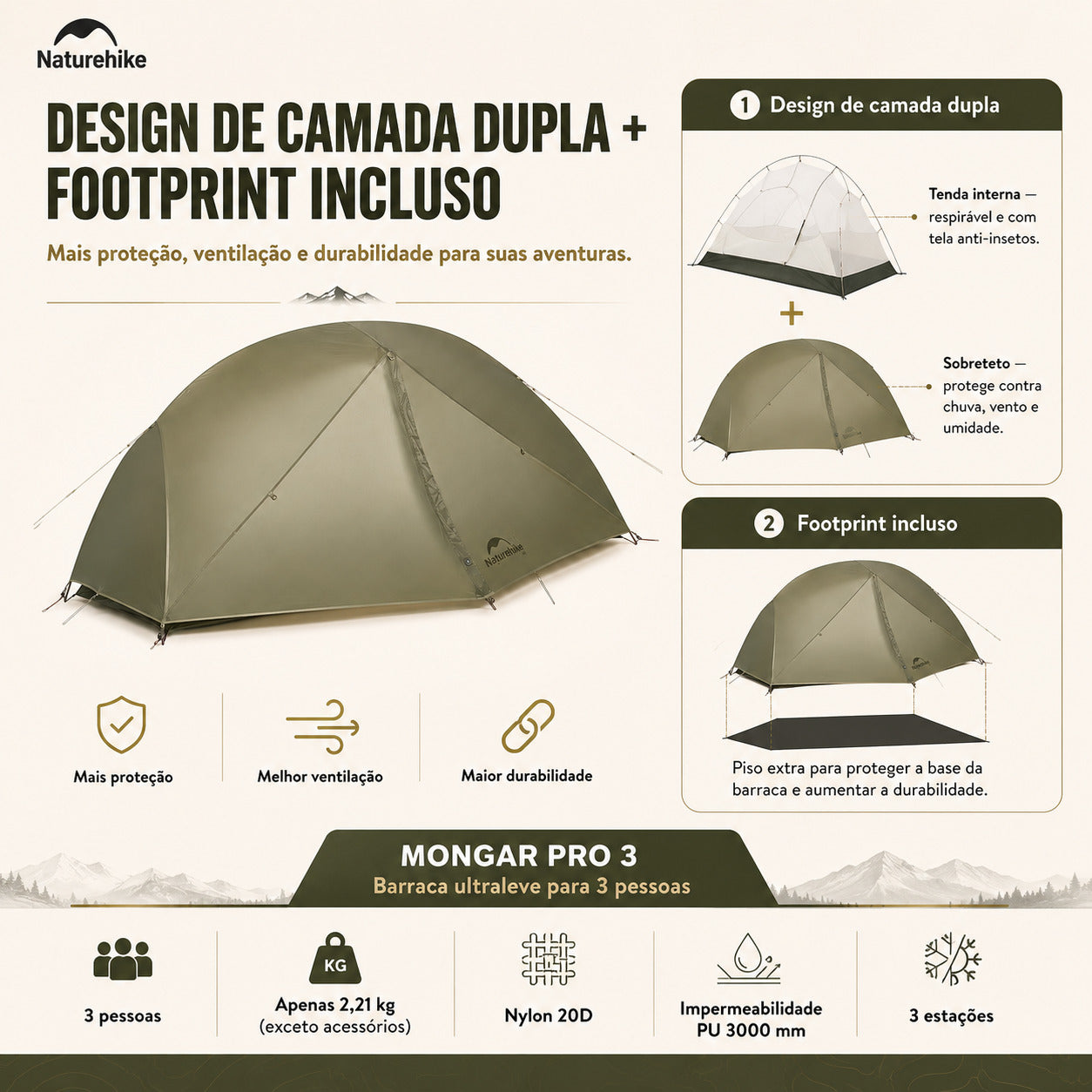 Barraca Naturehike 3 Pessoas Pro Espaçosa Mongar Verde