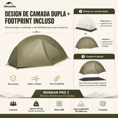 Barraca Naturehike 3 Pessoas Pro Espaçosa Mongar Verde