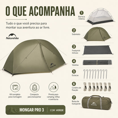 Barraca Naturehike 3 Pessoas Pro Espaçosa Mongar Verde