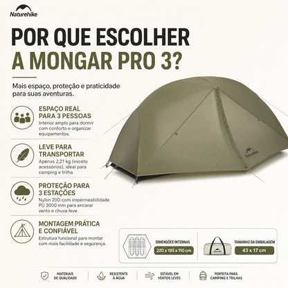 Barraca Naturehike 3 Pessoas Pro Espaçosa Mongar Verde