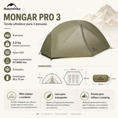 Barraca Naturehike 3 Pessoas Pro Espaçosa Mongar Verde