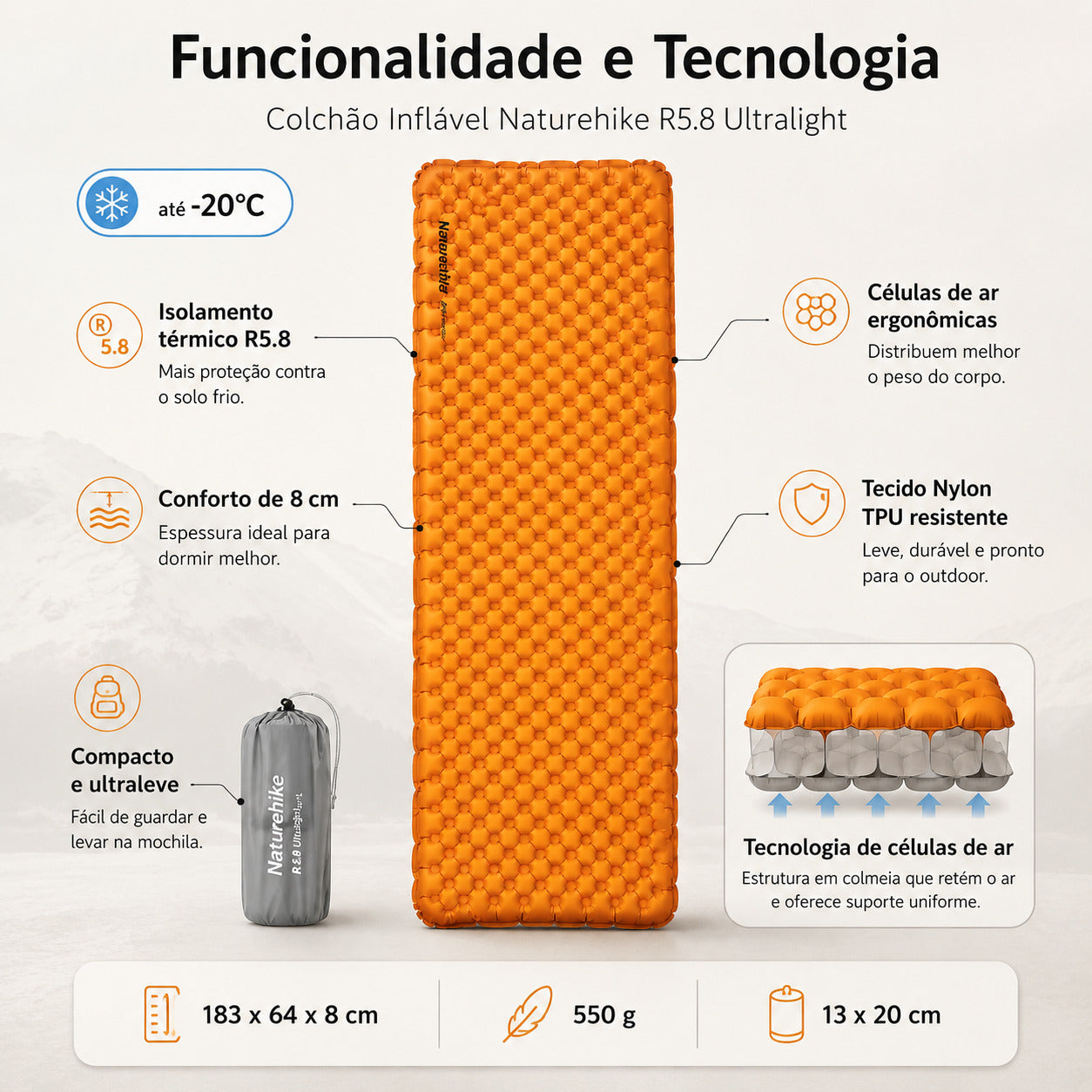 Colchão Inflável Naturehike R5.8 Ultralight Laranja para Camping