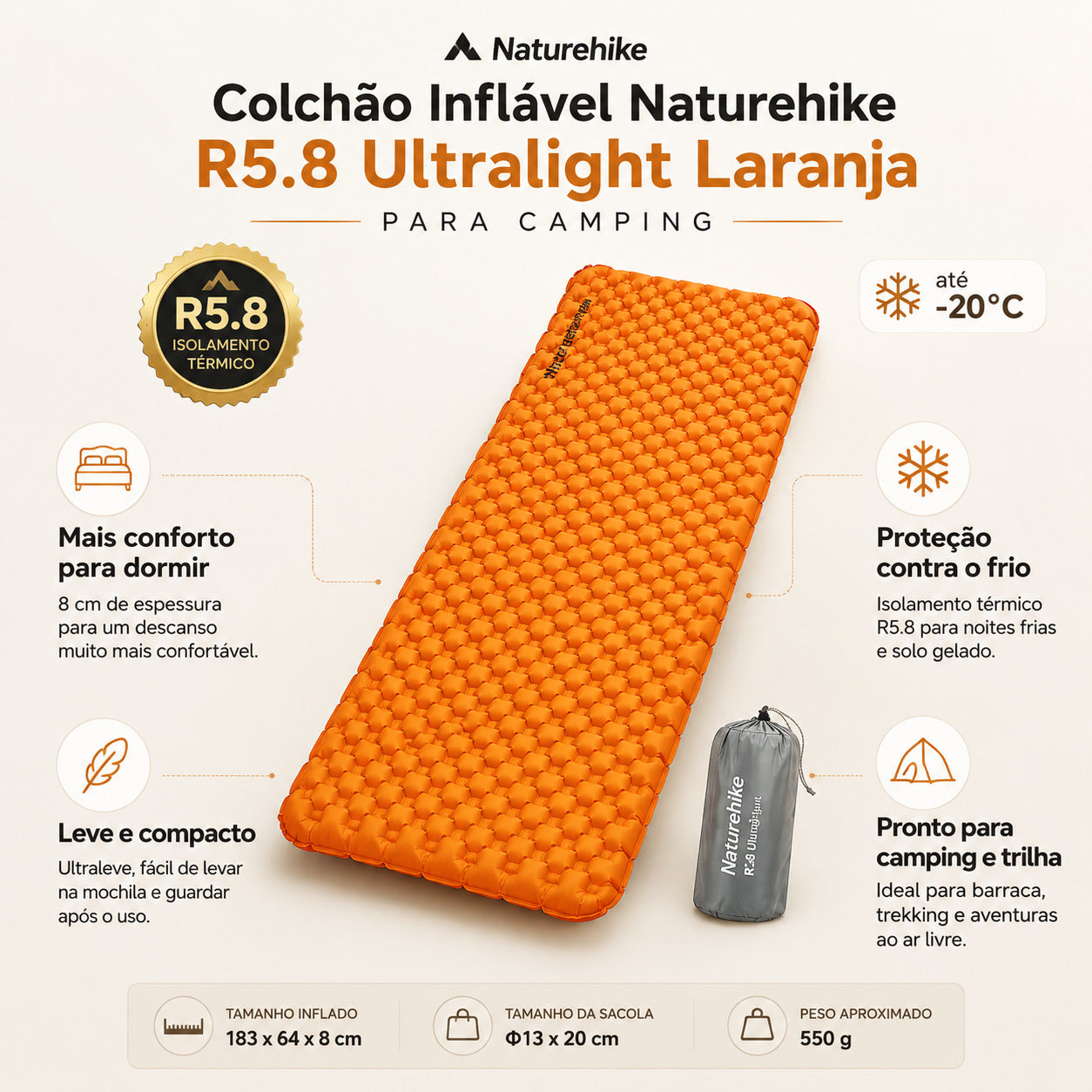 Colchão Inflável Naturehike R5.8 Ultralight Laranja para Camping