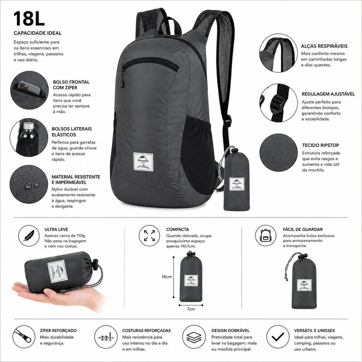 Mochila ultraleve dobrável 18L Naturehike