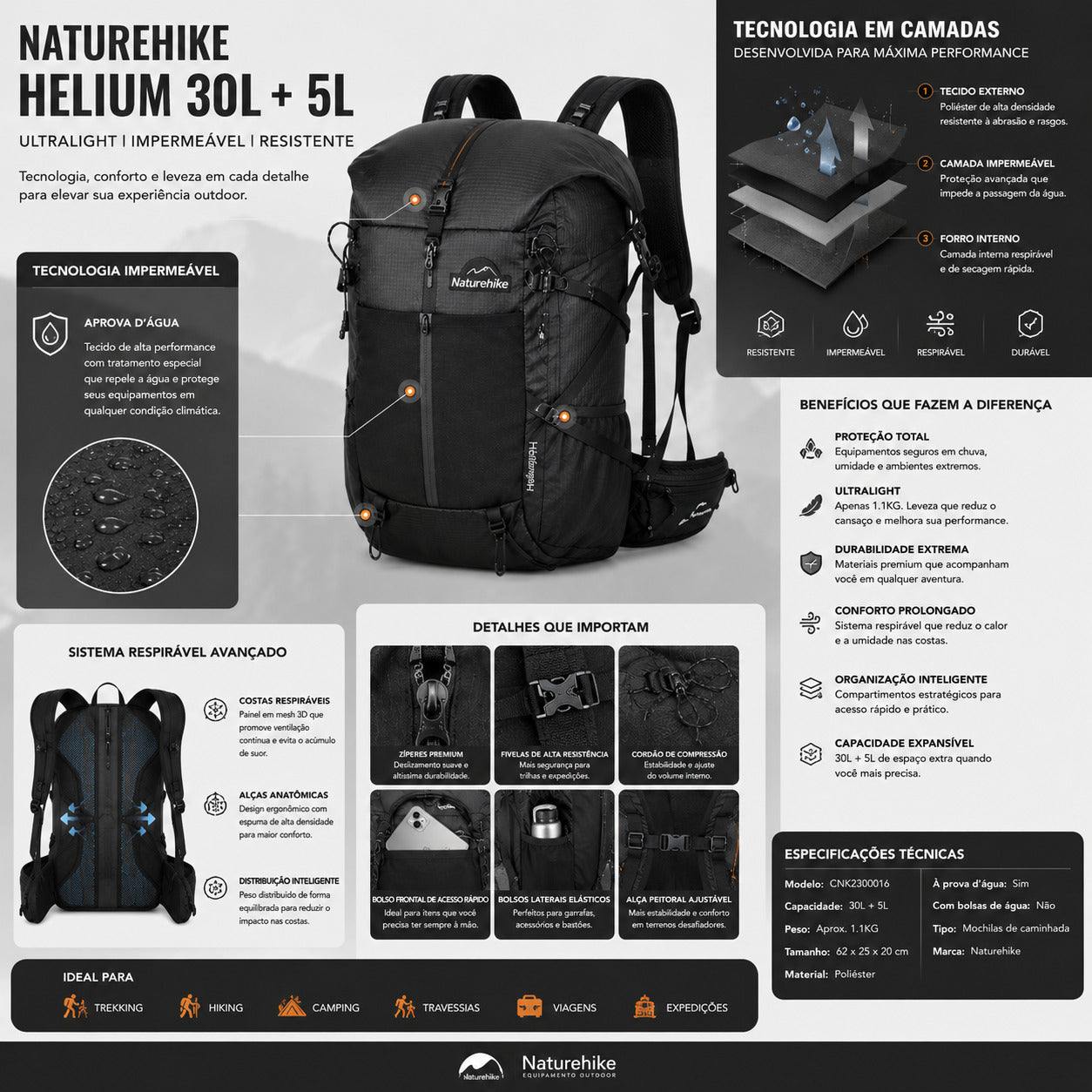 Mochila Trekking Naturehike Helium 30L Ultralight Impermeável
