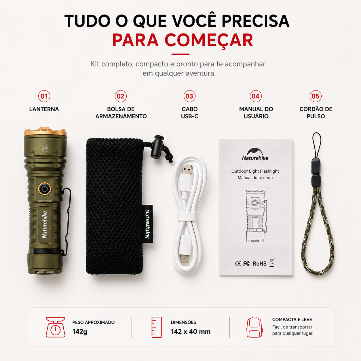 Lanterna NatureHike Ranger 2800LM USB-C IP44 para Camping
