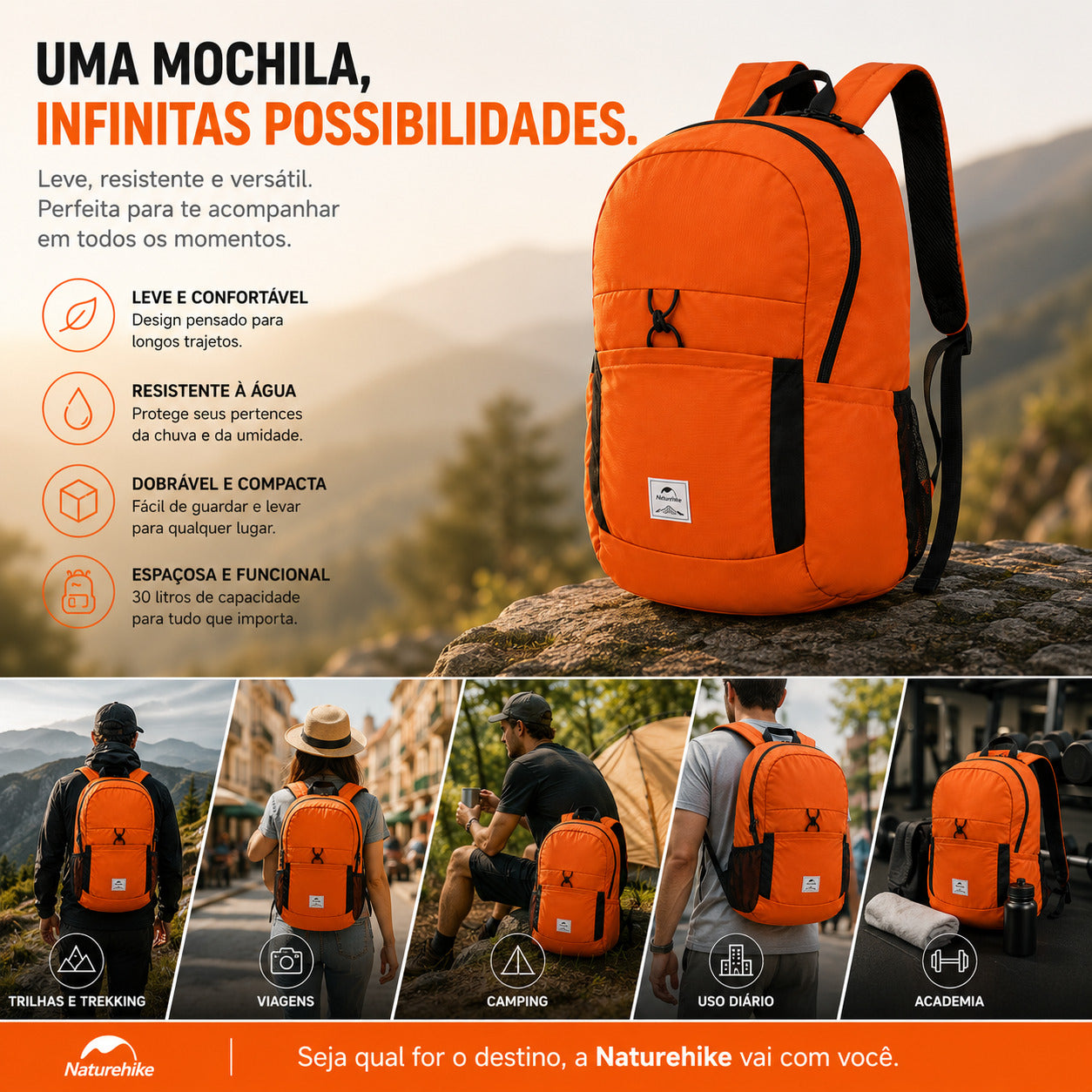 Mochila 30L Ultraleve Dobrável e Impermeável Naturehike