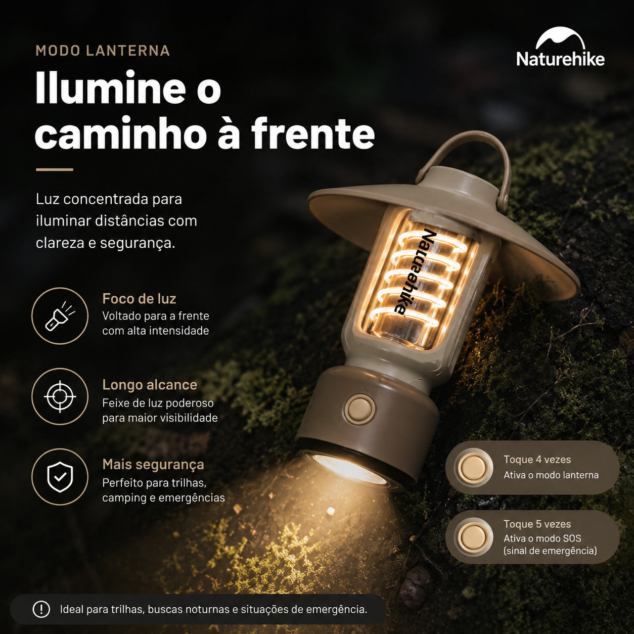 Lanterna Retrô Recarregável NatureHike CampGlow USB-C IPX4