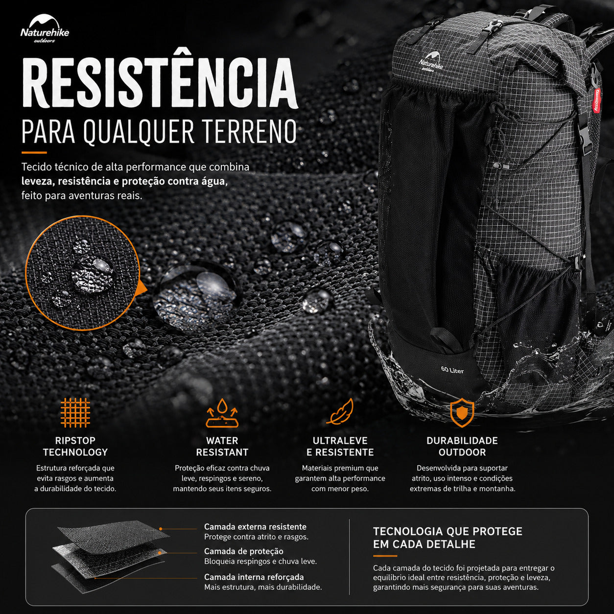 Mochila Cargueira 60L+5 Naturehike Ultraleve Impermeável
