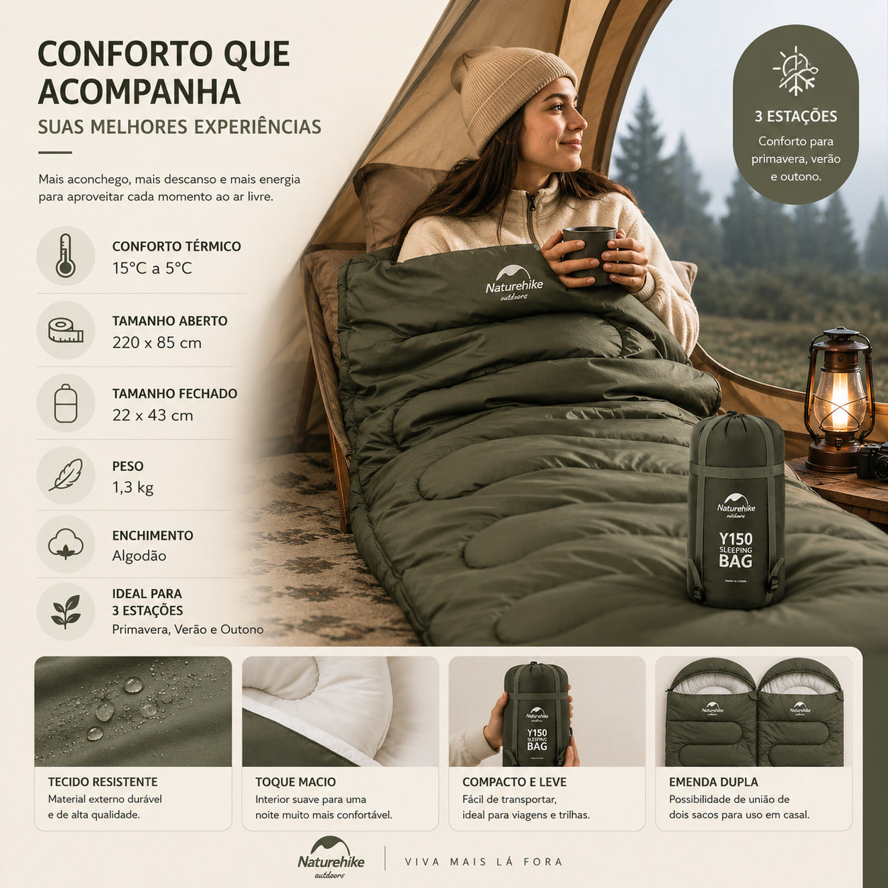 Saco de Dormir Naturehike Y150 para Camping