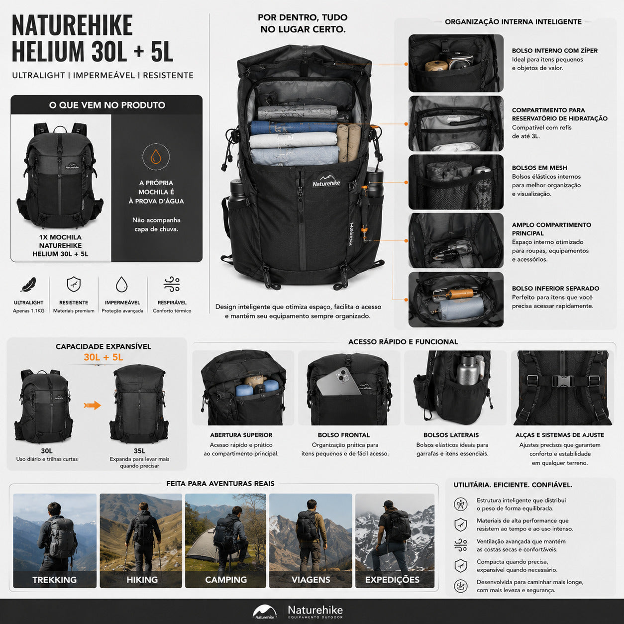 Mochila Trekking Naturehike Helium 30L Ultralight Impermeável